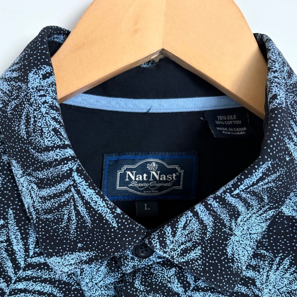 Nat Nast Mens Button Down Shirt Tropical Silk Blue Palm Tree Vacation Size Large - Picture 6 of 14